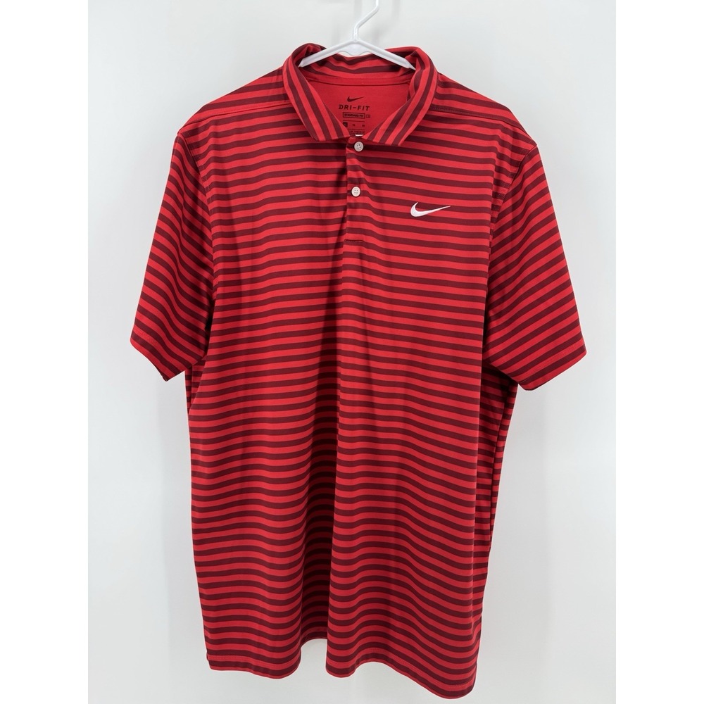 Nike Men's XL Red & Burgundy Striped Dri-Fit Polo Standard Fit